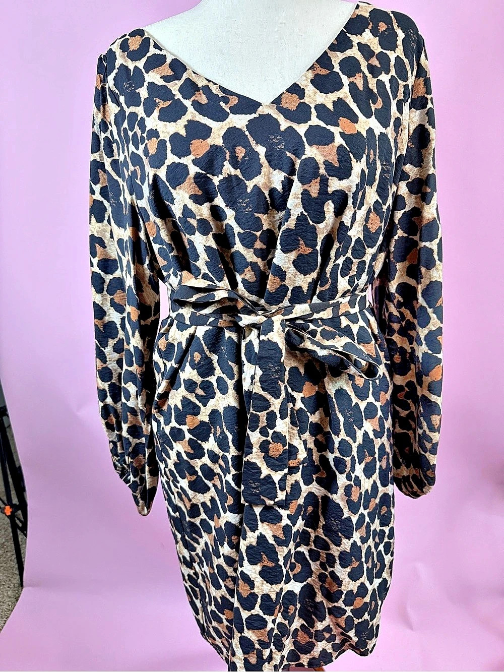 Ann Taylor Factory Leopard Print Long Sleeve Tie Waist Dress Black & Brown 16